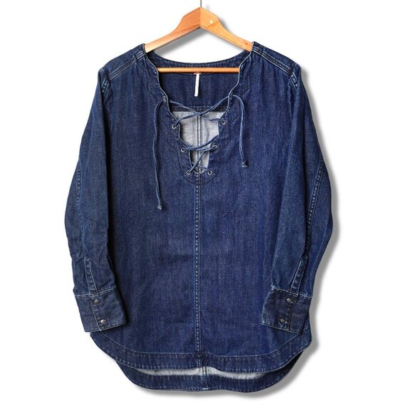 Free People Neapolitan Dreams Blue Denim Tunic Top Cotton Lace Up Shirt Boho - Picture 3 of 10